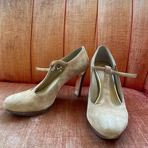 ANTONIO MELANI - Tan suede, Heels with Chunky Heel and Strap